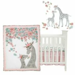 Buy 🛒 Lambs & Ivy Giraffe and a Half Pink/Gray 4-Piece Nursery Baby Crib Bedding Set 😍
