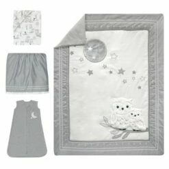 Outlet 🧨 Lambs & Ivy Luna White/Gray Celestial Owl 4-Piece Nursery Baby Crib Bedding Set 🔔