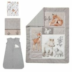 Best Pirce 🎁 Lambs & Ivy Painted Forest 4-Piece Crib Bedding Set - Gray, Beige, White 🎉