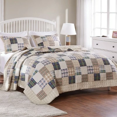 New ⭐ Oxford Quilt & Sham Set Beige/Blue - Greenland Home Fashions 🔔 3 New ⭐ Oxford Quilt & Sham Set Beige/Blue - Greenland Home Fashions 🔔