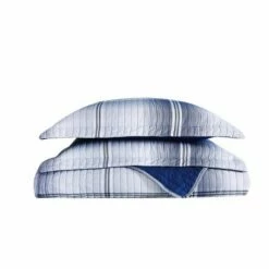 Best deal ⭐ London Fog Nolan Houndstooth Stripe Quilt Set White/blue 🔥
