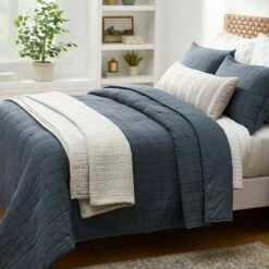 Deals 🌟 Threshold Designed W/Studio McGee Grid Stitch Cotton Quilt - Threshold™ designed with Studio McGee Blue/navy 😍