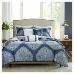 Hot Sale ๐ Madison Park Audra Large Medallion Reversible Quilted Coverlet Set - 6pc Navy ๐