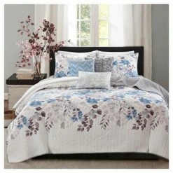 Brand new ๐ Madison Park Willow Watercolor Floral Quilted Coverlet Set - 6pc Blue ๐งจ
