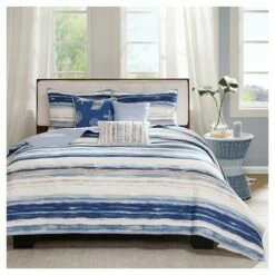 Budget π Madison Park Fairbanks Beach Striped Quilted Coverlet Set Blue - 6pc β