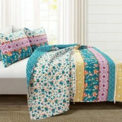 Buy 💯 Lush Decor Emily Boho Stripe Reversible Quilt & Sham Set Turquoise - Lush Décor 😀