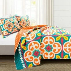 Best Pirce 🤩 Lush Decor Boho Floral Reversible Oversized Quilt & Sham Set Turquoise/Orange - Lush Décor 🧨