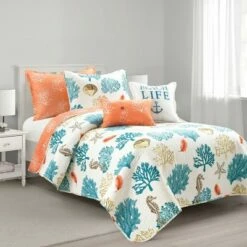 Cheap 👏 Lush Decor Coastal Reef Feather Reversible Quilt Set Blue/Coral - Lush Décor 🔥 -Quilts Online Shop unnamed file 821