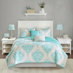 Deals 🧨 Intelligent Design Chelsea Damask Quilted Coverlet Set Aqua ✨